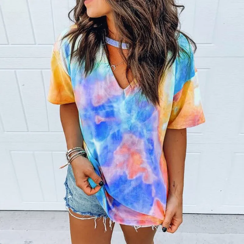 Nouveau femmes Tie-dye t-shirts été Tye-Dye chemise col en v à manches courtes T-shirt dames hauts 2020 femmes amples grandes tailles 5XL