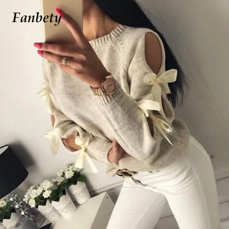 Fanbety Donna Scava Fuori Bowknot Maglione Lavorato A Maglia Lady Casual O Collo Manica Lunga Pull Maglione Femme Inverno Hiver Pullover A Coste