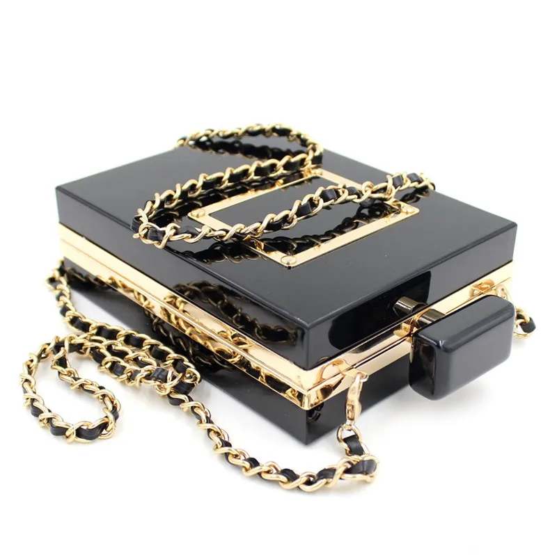 New Famous Acrylic Box Perfume Bottles Shape Chain Clutch Evening Handbags Women Clutches Perspex Clear/Black