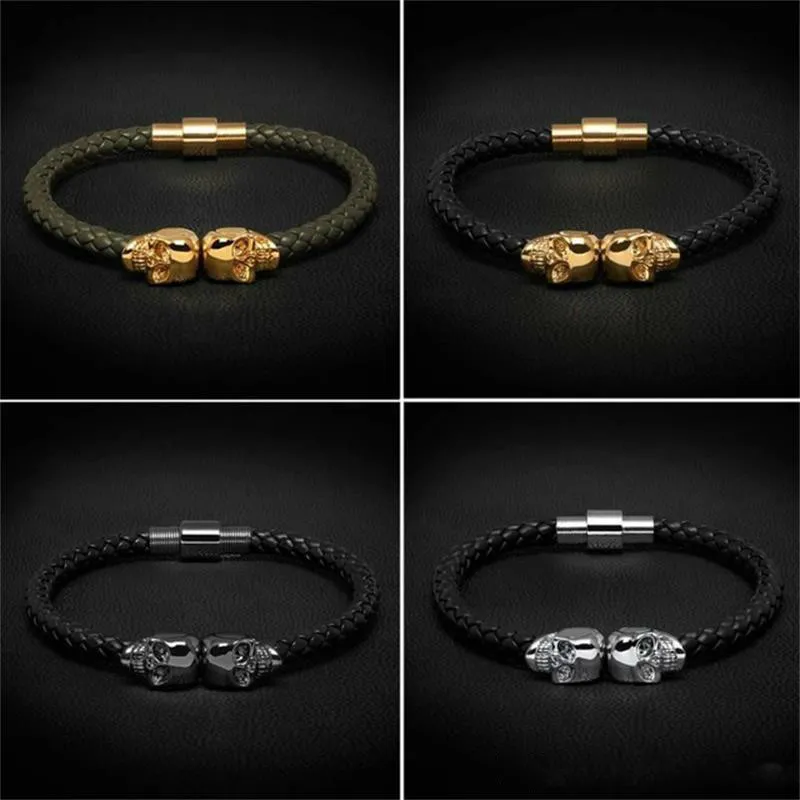 Mulheres Homens Homens Preto Genuíno Couro Trançado Pulseira de Pulseira de Aço Inoxidável para Mulheres Gold Skull Bangle para