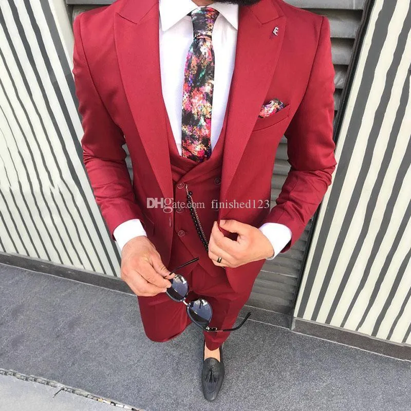 Ottimo smoking da sposo rosso con un bottone, risvolto, uomo, abiti 3 pezzi, giacca da matrimonio/ballo/cena (giacca + pantaloni + gilet + cravatta) W552