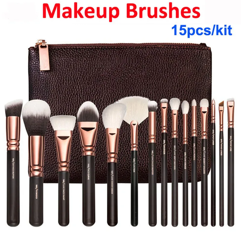 Makeup Brushes Kit 15st Rose Gold Brush + Väska Professionell Ansikts- och ögonskugga Make Up Verktyg Eyeliner Pulver Foundation Blandning Borstuppsättning