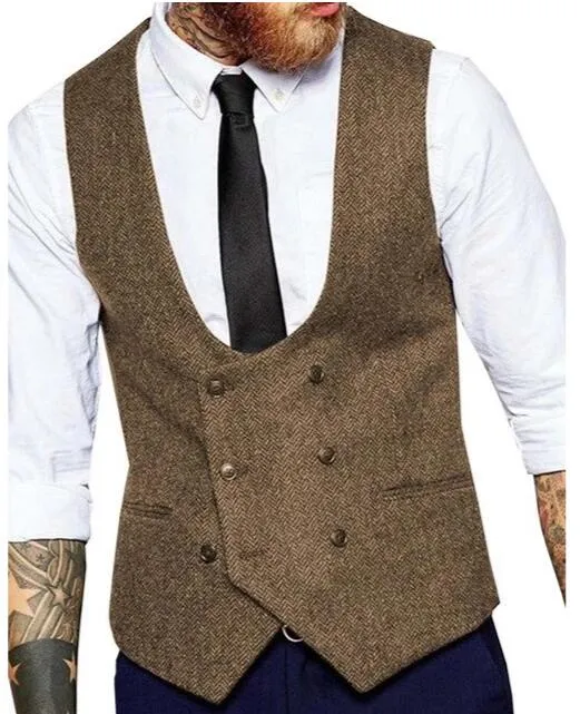 2020 Chalecos de novio vintage Atuendo Chaleco de tweed gris Chaleco de lana en espiga Cinco botones Chalecos de traje de hombre Chaleco de vestir de hombre ajustado Chaleco de boda