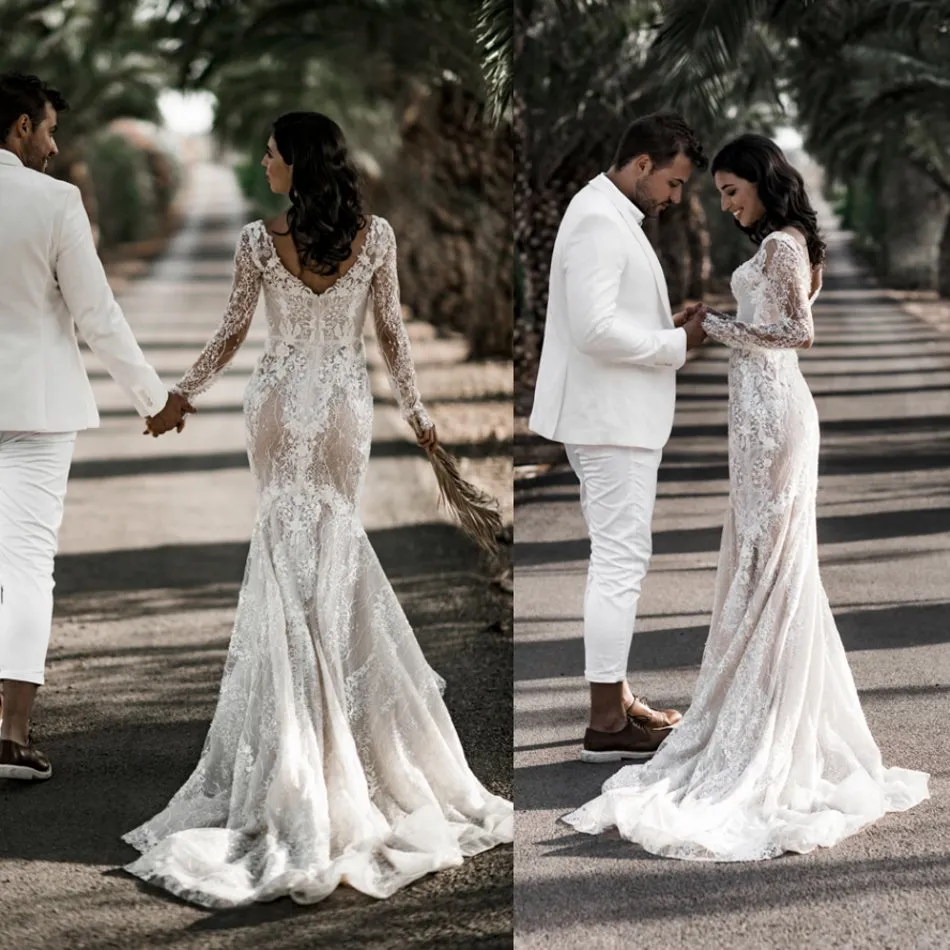 Mermaid Wedding Gorgeous Dresses Lace Appliqued Long Sleeve V Neck Bridal Gowns Sweep Train Robe De Marie