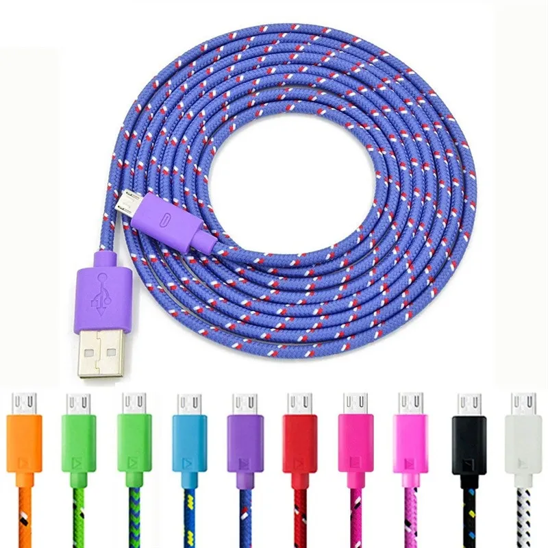1m 2m Micro USB -kablar 3ft 6ft 10ft Nylonvävd sladdar Fibertyg Flätad Data Charger Cable Cord