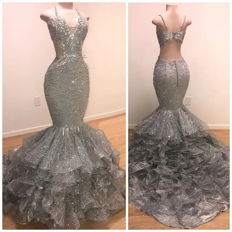 Silver Sexy Prom Dresses Cekiny Koraliki Cutaway Boks Back Hollow Formalne Suknie Homecoming Sweep Pociąg Syrenki Suknie Wieczorowe Wielopięciowe Spódnice