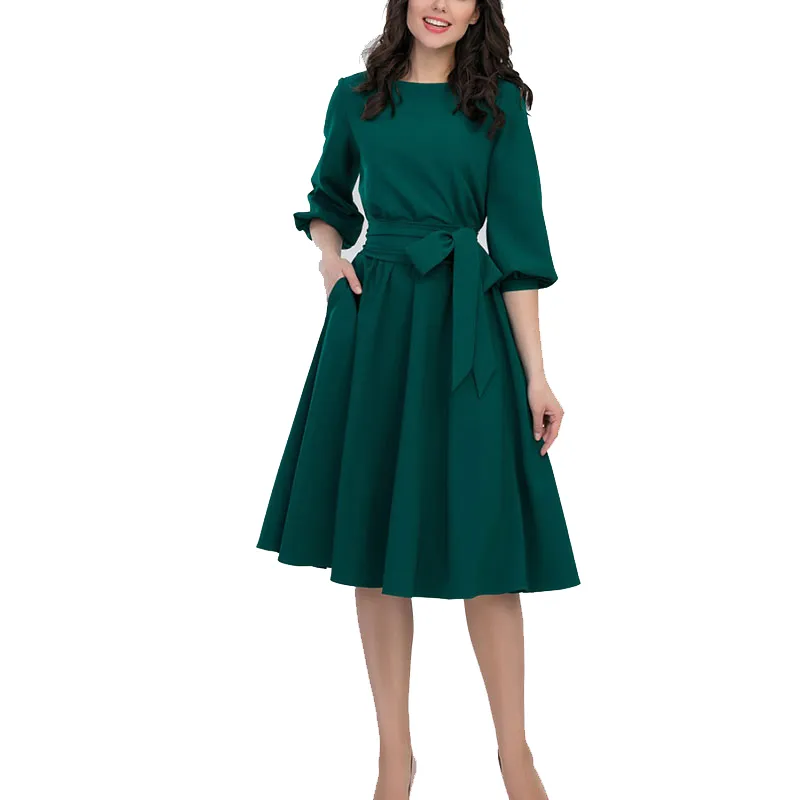 2019 nieuwe vrouwen mode vintage jurk zomer herfst groen o-hals elegante een lijn jurken bladerdeeg mouw vestidos jurk geen zak