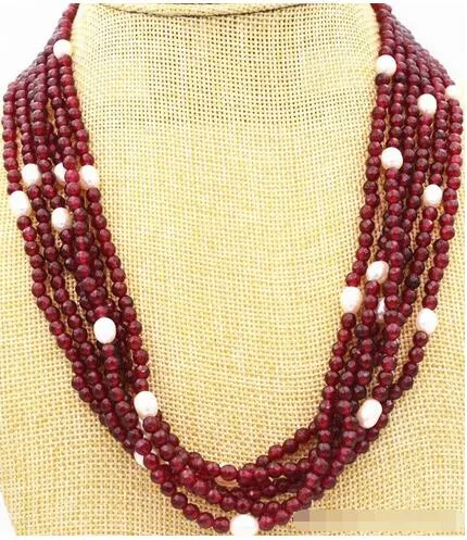 Hand knotted 6 row natural 8-9 mm white pearl 4mm faceted red jade necklace 51cm fashion jewelry