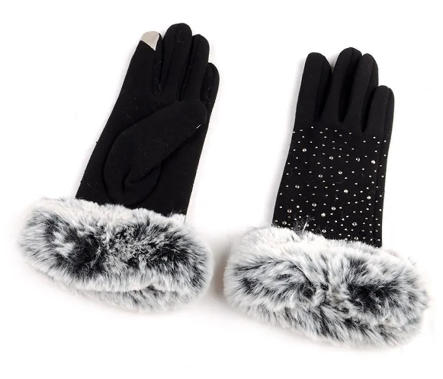 Fashion-Mittens Women Winter Outdoor Thicken Warm Gloves Female Patchwork Faux Fur Finger Gloves Luvas Feminina #VE