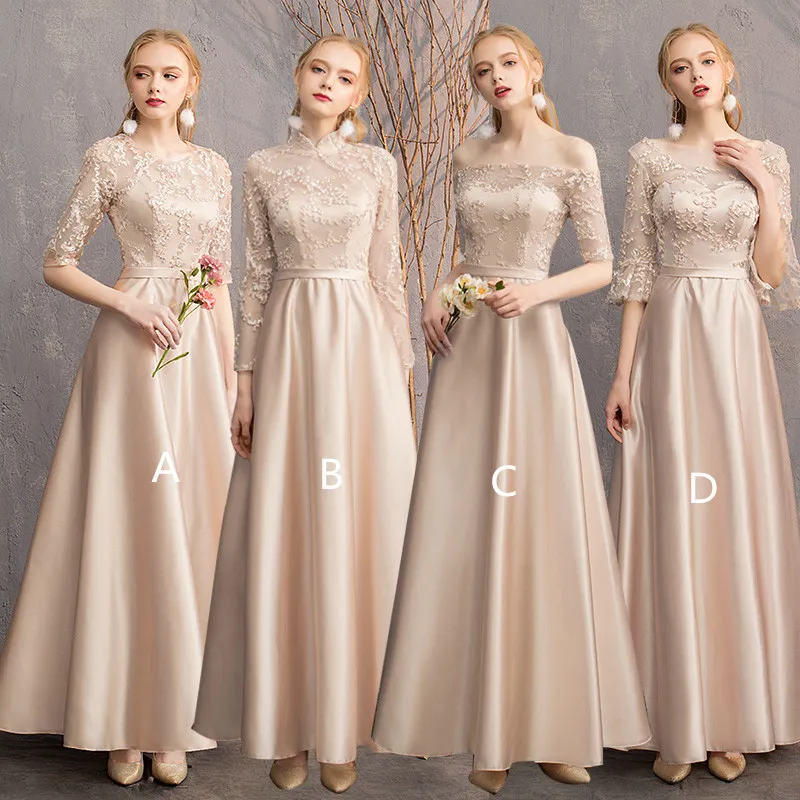 Robes de demoiselle d'honneur en satin de dentelle avec manches longues 2019 élégante robe d'invité de mariage robes de soirée à lacets