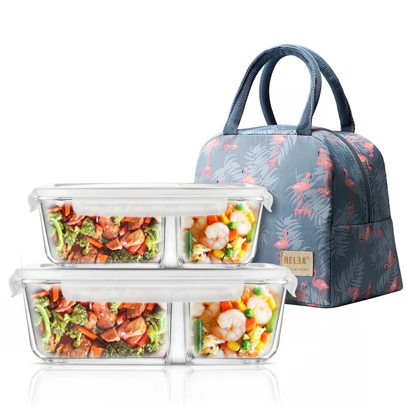 Microwavable Glass Lunch Box With Divider,lid,bag; Meal Prep Glass