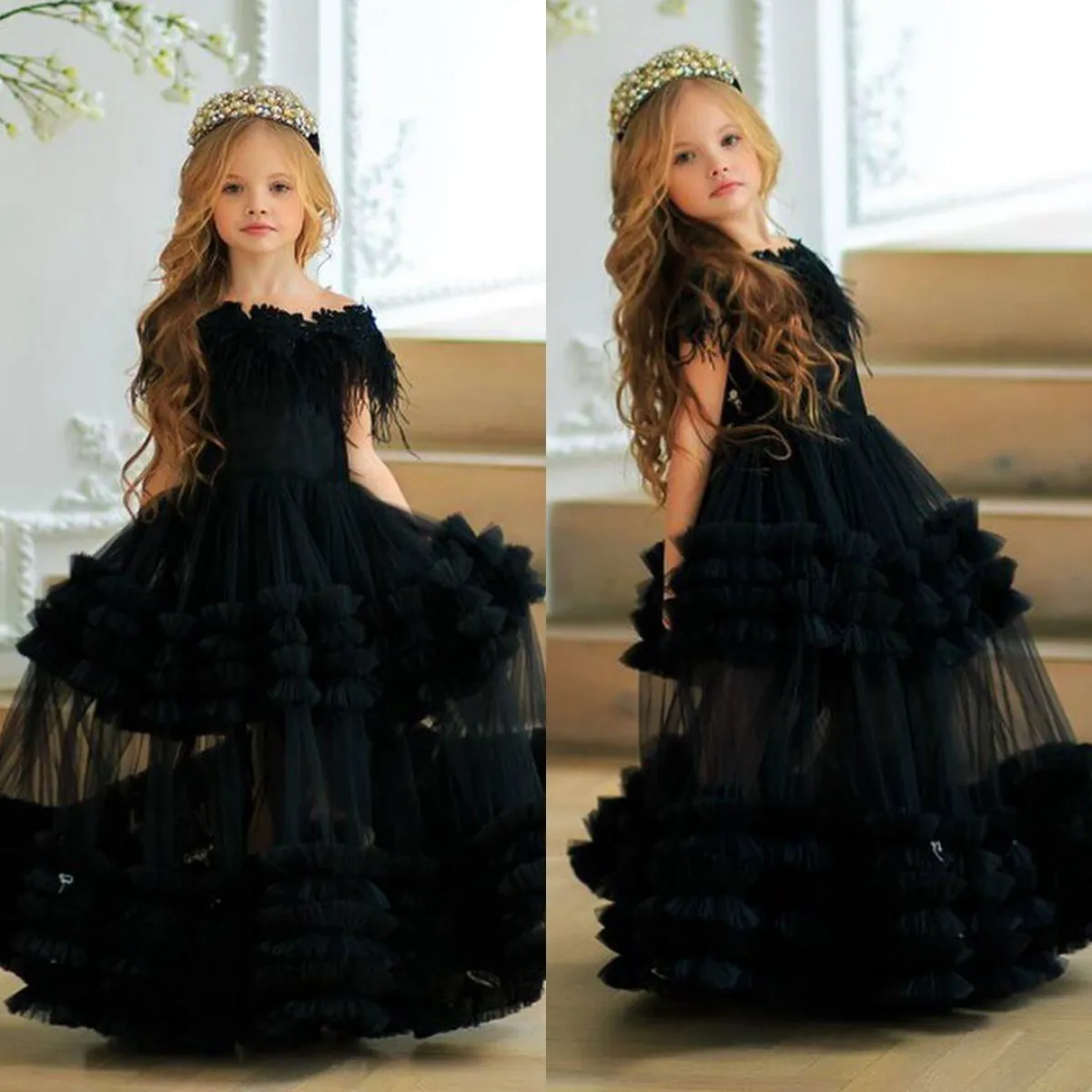 Lovely Flower Girls Dresses Lace Appliques Feather Flowers Kids Formal Wear Custom Made Backless Birthday Toddler Girls Pageant Gowns