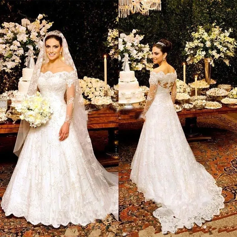 Vintage Fransız Dantel Gelinlik Zarif Uzun Kollu Kapalı Omuz Kat Uzunluk A Hattı Vestido De Novia Gelin Törenlerinde BA5086