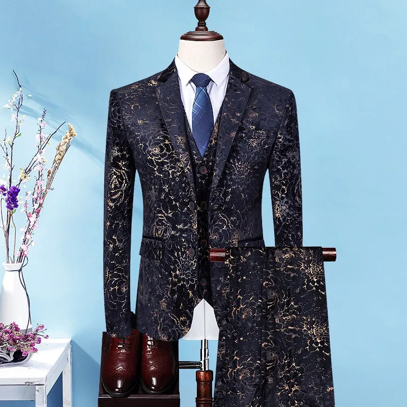 럭셔리 디자인 꽃 패턴 남자의 결혼식 턱시도 노치 라펠 신랑 댄스 파티 두 버튼 정장 재킷 (자켓 + 조끼 + 바지)를 들어 정장을 착용