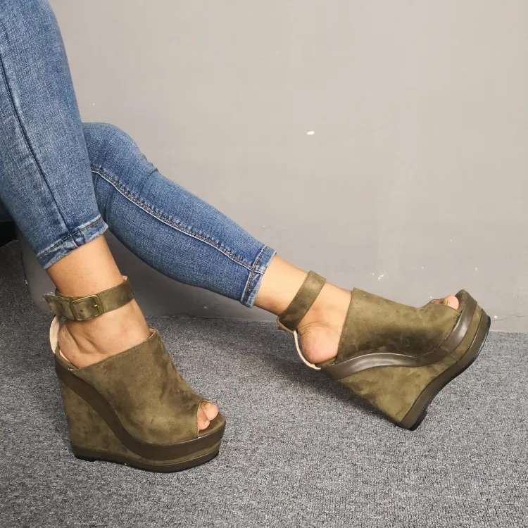 Women Platform Sandals Wedges High Heels Open Toe Casual Army Green Micro Suede Buckle Strap Wedge Sandals US Plus Size 5 15