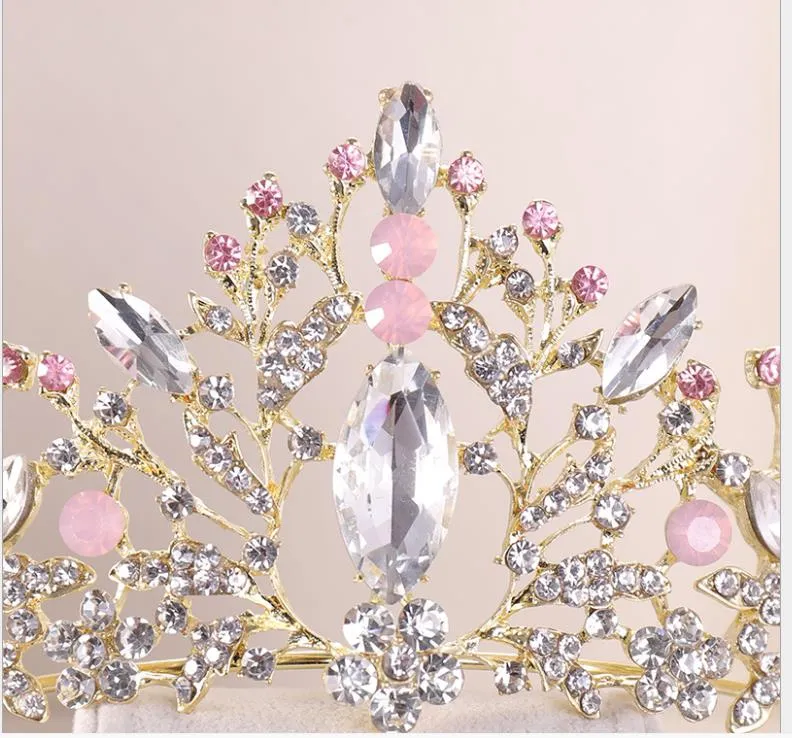 Pink crystal crown decorative headpiece with crystal pearl  display picture 3