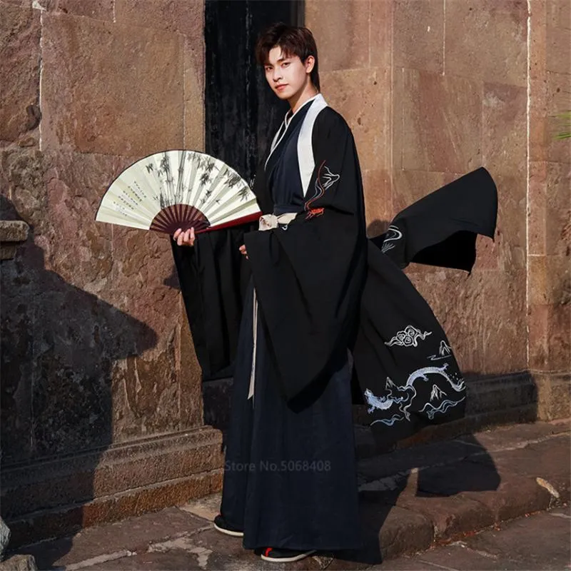 Wholesale- Clothing Hanfu Men Asian Retro Streetwear Performance Costume Set vintage Dragon Embroidery Cardigan
