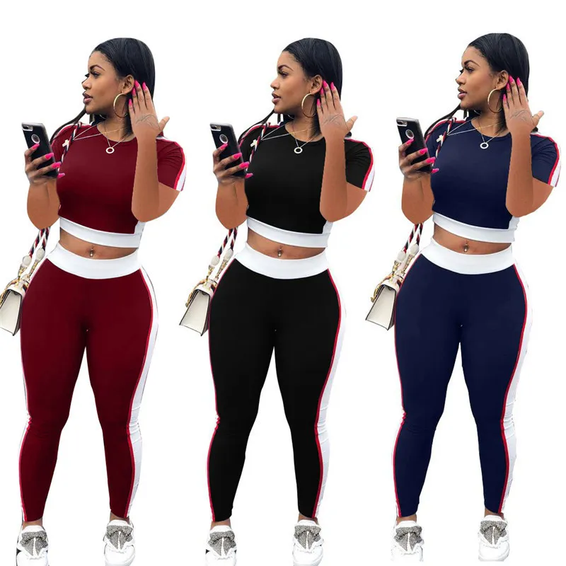 Kvinnor Mode Tracksuit Kortärmad Fast Färg T-shirt Besked Top + Byxor Leggings 2 Piece Set Outfits Sport Sommar T-shirt kostym