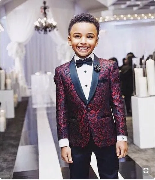 Boy's Formal Wear Print Boy Tuxedos 2022 One Button Shawl Lapel custom Made Ringbear Wedding Suits Two Piece suits (Jacket+Black Pants+Bow)