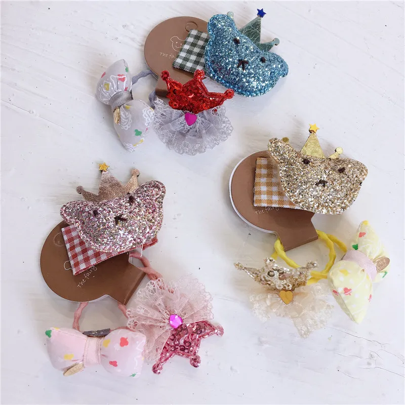 12sets/lot New Summer Style Rose Gold Kid Hair-Accessories Cute Gauze Bowknot Hair Grip Bear Hair Ropes BB Hotsale Goldfish Hairbands