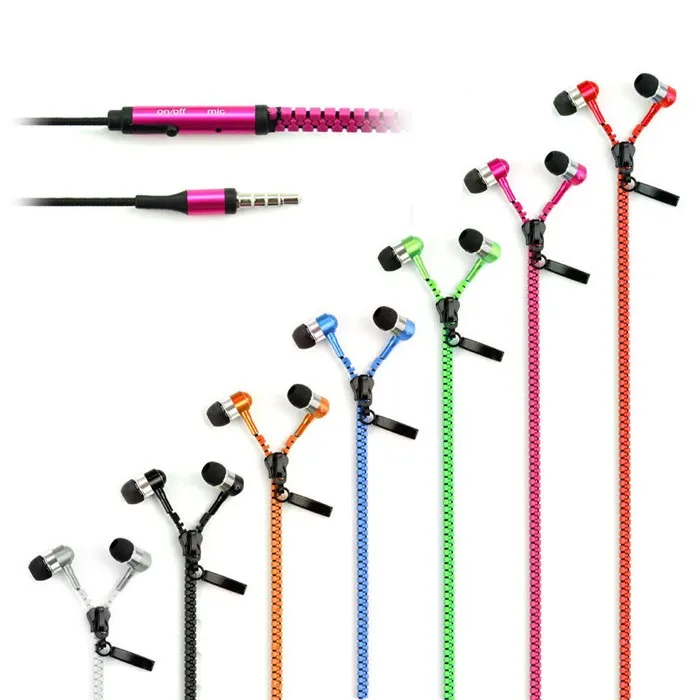 Zipper Stereo 3.5mm Jack Bass metal Earphones headset with Mic and Volume Earbuds Zip for iphone samsung huawei xiaomi smart phone
