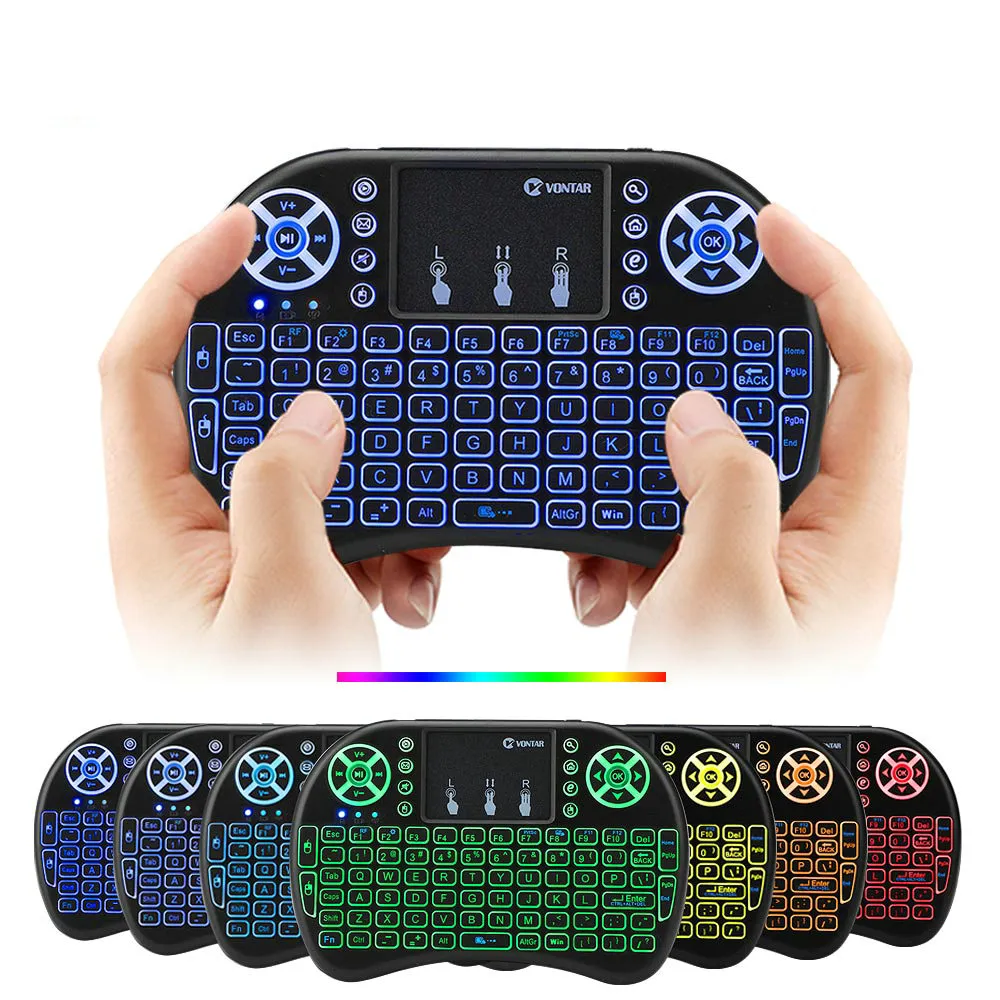 7 Farben Hintergrundbeleuchtung i8 Mini Wireless Tastatur 2,4G Air Mouse Fernbedienung Touchpad Hintergrundbeleuchtung mit wiederaufladbarem Akku für Android TV Box