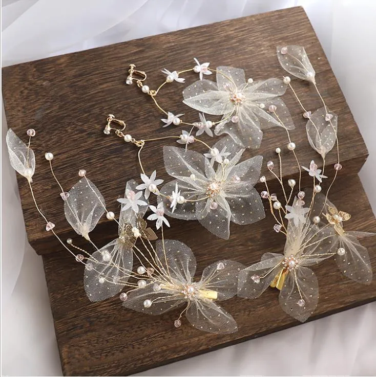 Korean bridal headdress XianMei nude silk gauze gold powder flower hairpin wedding dress accessories