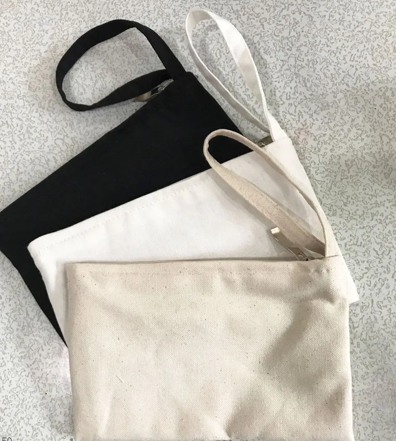 Svart / Vit / Beige Blank Canvas Zipper Pencil Väska Penpåsar Bomull Kosmetiska Väskor Makeup Väskor Mobiltelefon Koppling Väska Organizer LX0732