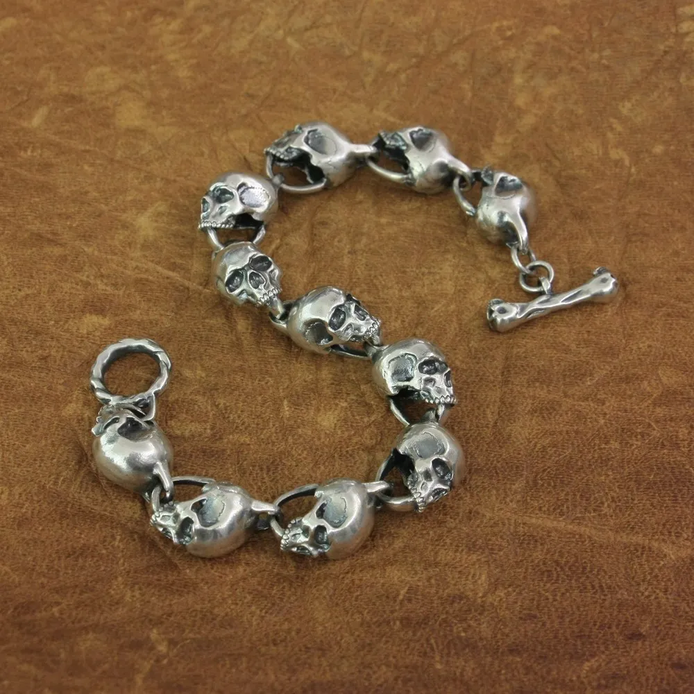 LINSION 925 Sterling Silver Huge Details Skulls Chain Mens Biker Punk Bracelet TA170