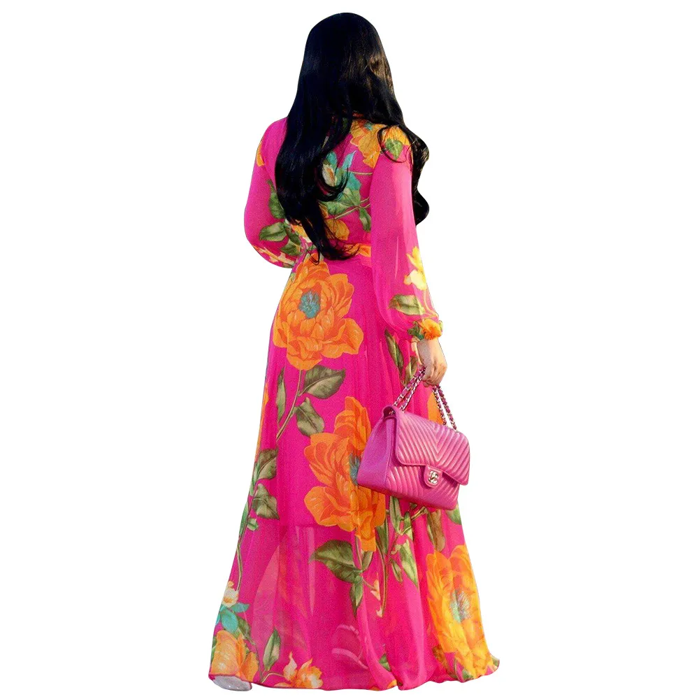 Vintage Women Maxi Dress Floral Printed Plus Size Long Sleeves V Neck Chiffon Loose Robe Dresses Beach Vestidos 2019 New