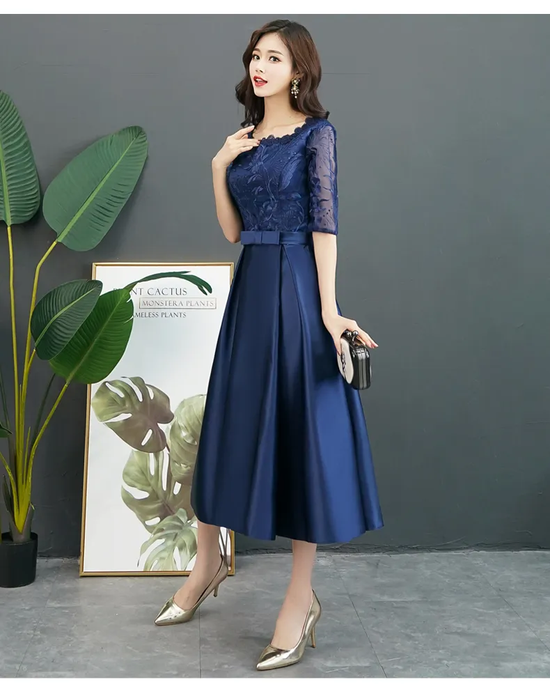 Tea Length Navy Blue Bridesmaid Dress A-Line Lace Satin Half