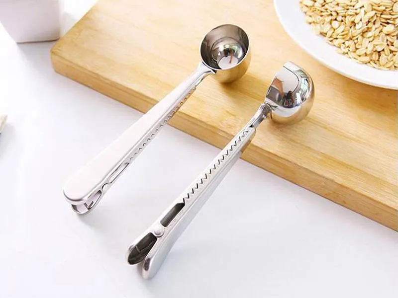Wholesale Creative Metal Stainless Steel Ground Coffee Tea Measuring Scoop Spoon With Seal Clip Free shipping