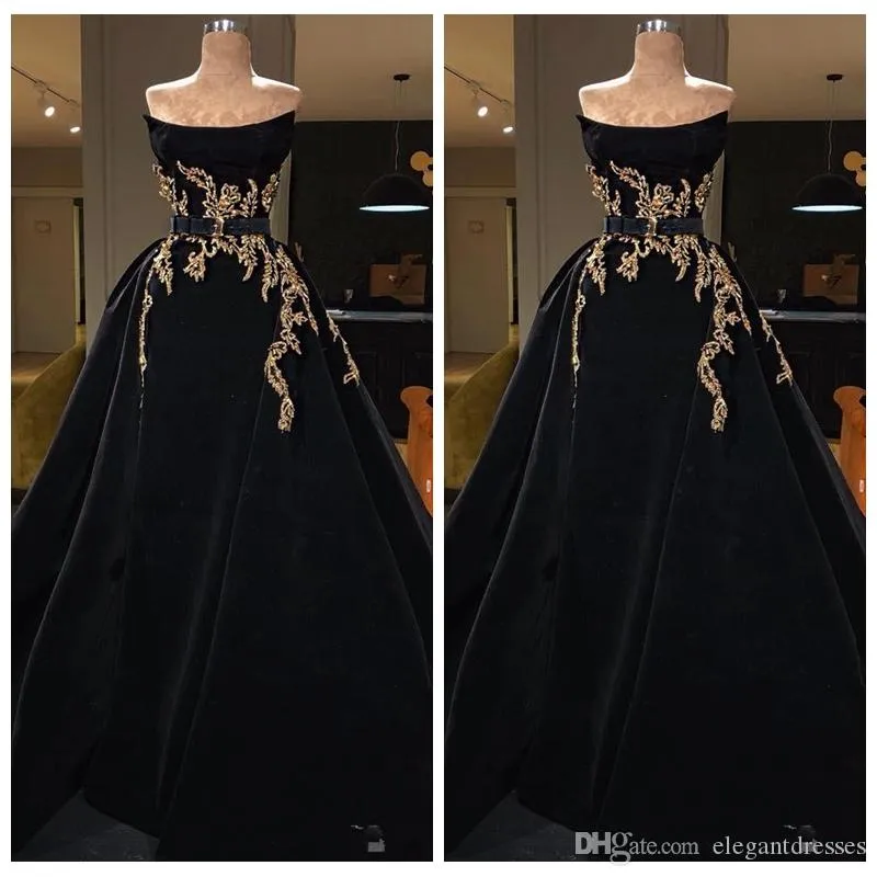 Elegant Strapless Evening Dresses A-Line With Gold Embroidery Special Occasion Party Gowns Celebrity Gowns Maxi Prom Wear Robe De Marie