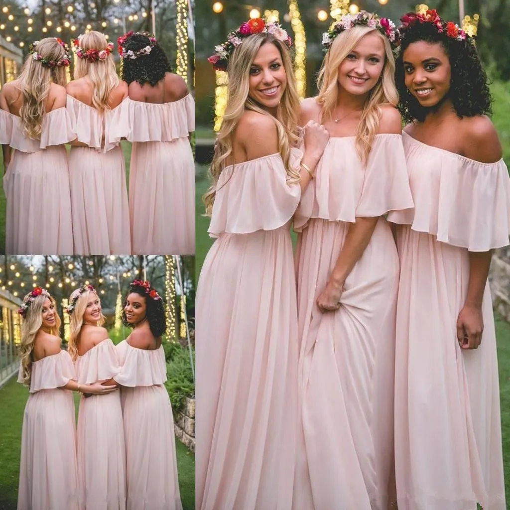 2020 Neue Chiffon-lange Brautjungfernkleider, elegantes Rosa, schulterfrei, Strand, böhmische Trauzeugin, Hochzeit, Party, Übergröße, Abendkleid 4633