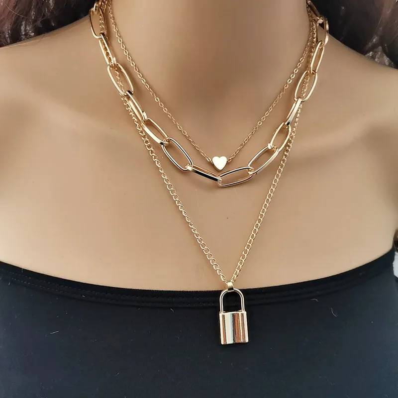 DHgate.com:Multilayer Punk Lock Heart Pendant Necklaces for