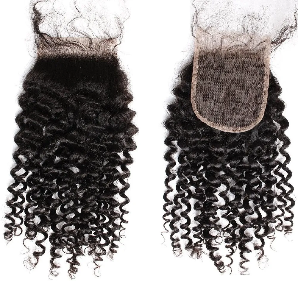 HD spetsstängning Curly Weave 4x4 Toppstängningar med babyhår malaysiska mänskliga virginhair bitar 8-26 tum bella hår