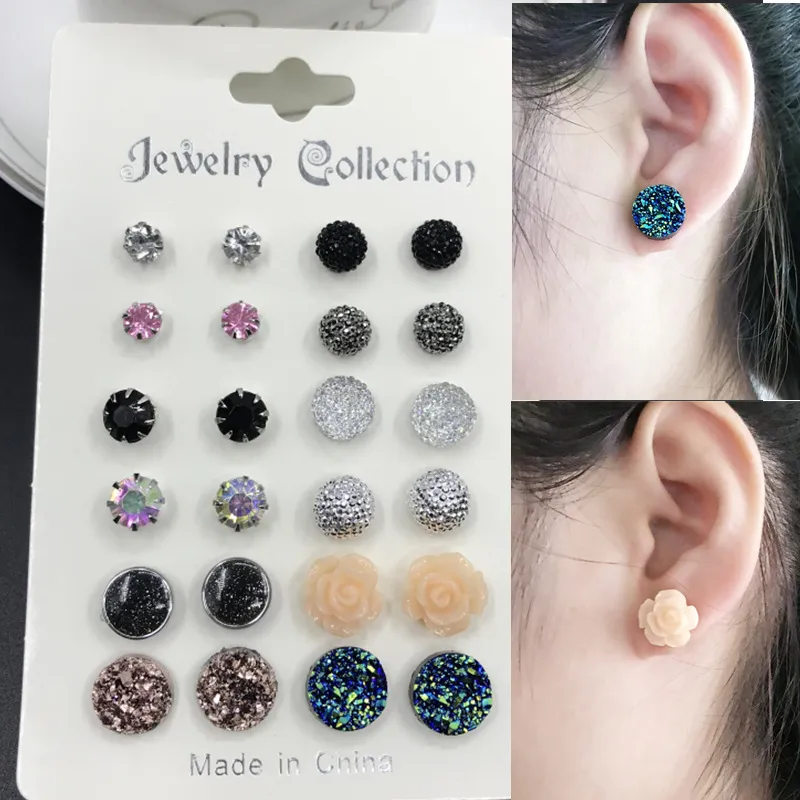 12 par set cristal 2019 nuevos pendientes de moda conjunto de accesorios de joyer a para mujer Piercing bola Stud pendiente kit Bijouteria brincos