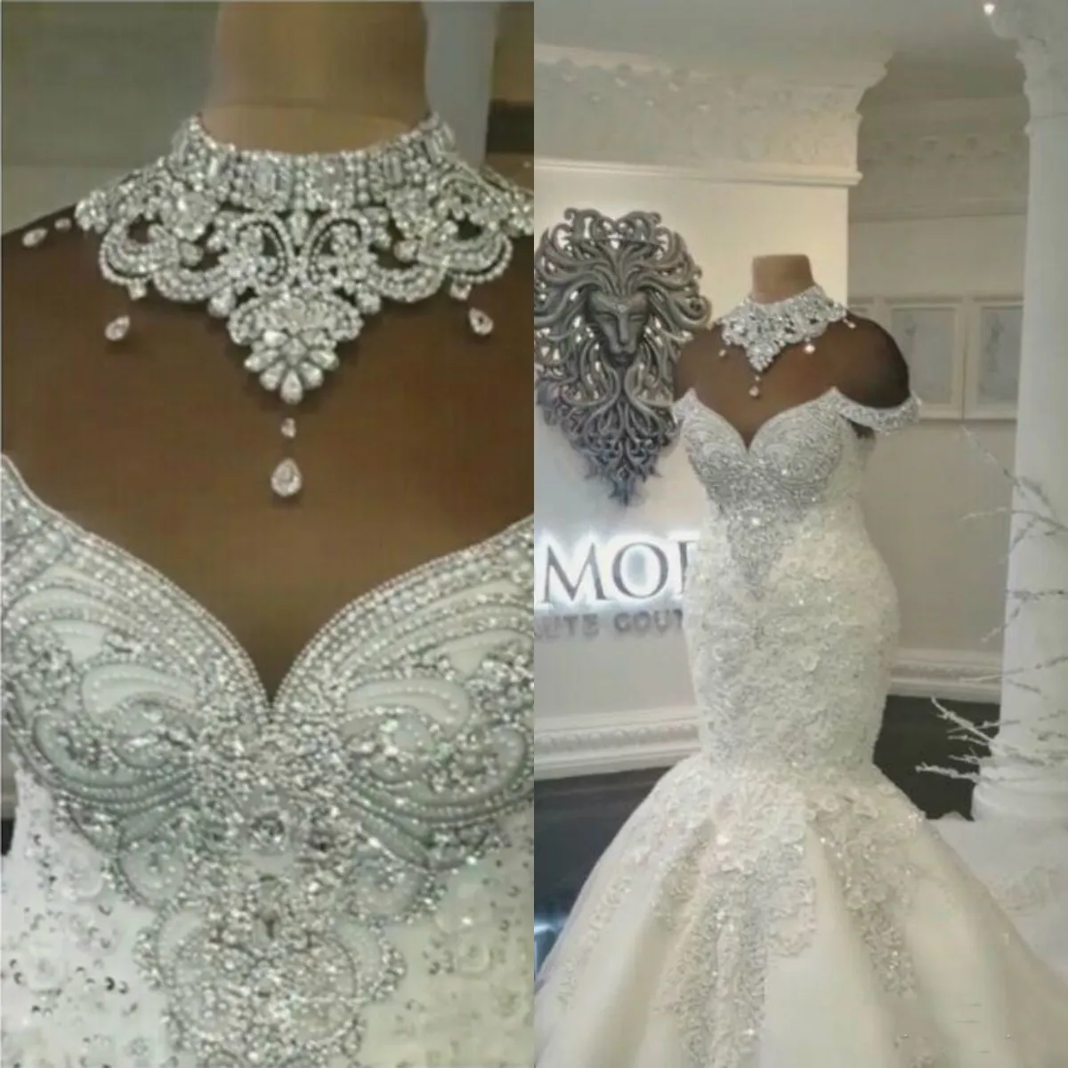 Lusso 2019 Abiti da sposa a sirena araba con collo alto Perline Cristalli Corte dei treni Plus Size Abito da sposa Abiti da sposa Personalizzati