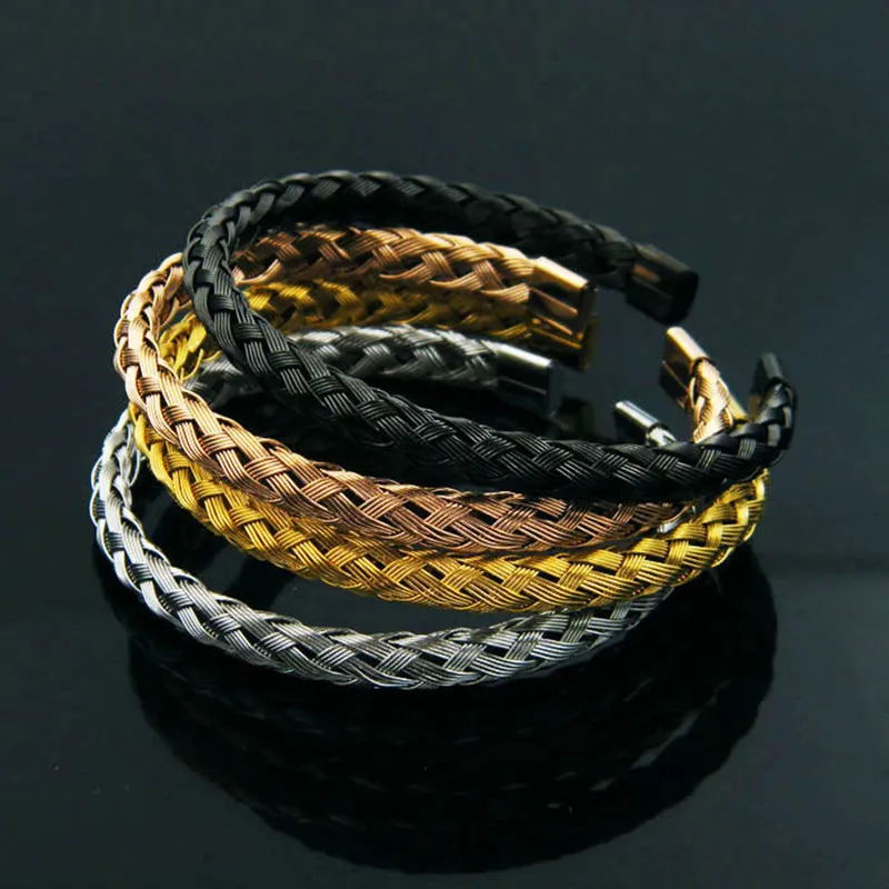 316L Rostfritt Stål Twisted Chain Cable Wire Armband Män Guldfärg Öppna Manschettband Armband Bangles Män Smycken