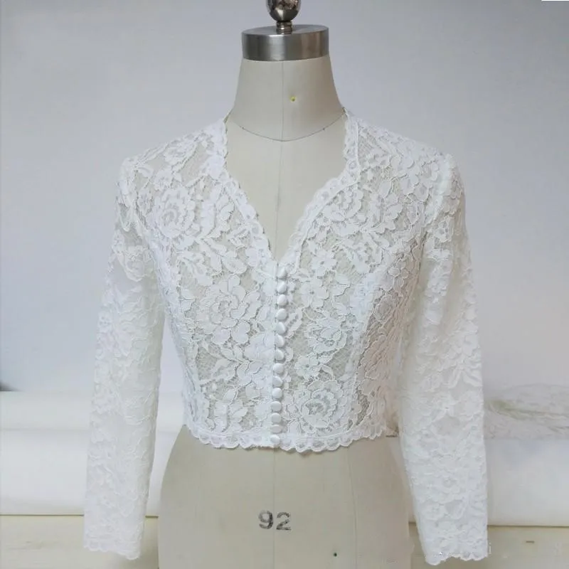 White Ivory Lace V-Neck Bolero Lace Bolero jacket wedding with Long Sleeves and Button Detail - Perfect for Evening Parties and Formal Dressing - Free