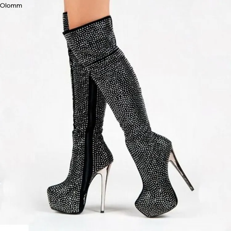 Rontic femmes plate-forme sur le genou bottes talons aiguilles bottes bout rond magnifique strass noir chaussures femmes grande taille américaine 5-15