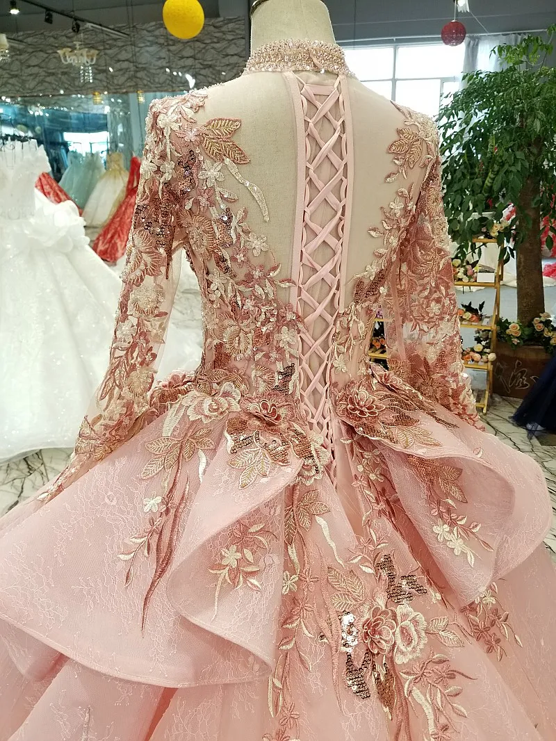 Pink Special Dubai Puffy Party Dresses Quinceanera Dresses High Neck Long Talle Sleeve Soe Up Back Evening Dresses kan göra för M275O