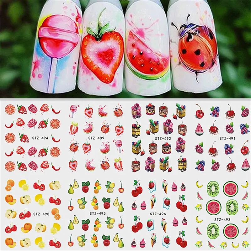 Hot Mixed Design Sommer Obst Retro Kuchen Nail art Aufkleber Set Harajuku Element Wasser Transfer Aufkleber Maniküre Tool Tipps Nagel kunst Dekorationen