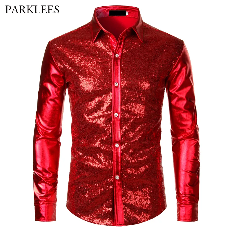 Kırmızı Metalik Sequins Glitter Gömlek Erkekler 2019 Yeni Disko Parti Cadılar Bayramı Kostüm Chemise Homme Sahne Performans Gömlek Erkek Camisa