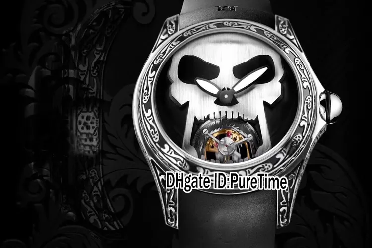 Nieuwe 45mm Admiral's Cup Bubble Tattoo Carving Punk Steel Case Black Dial Big White Skull Automatic Tourbillon Mens Watch Rubber voor Puretime