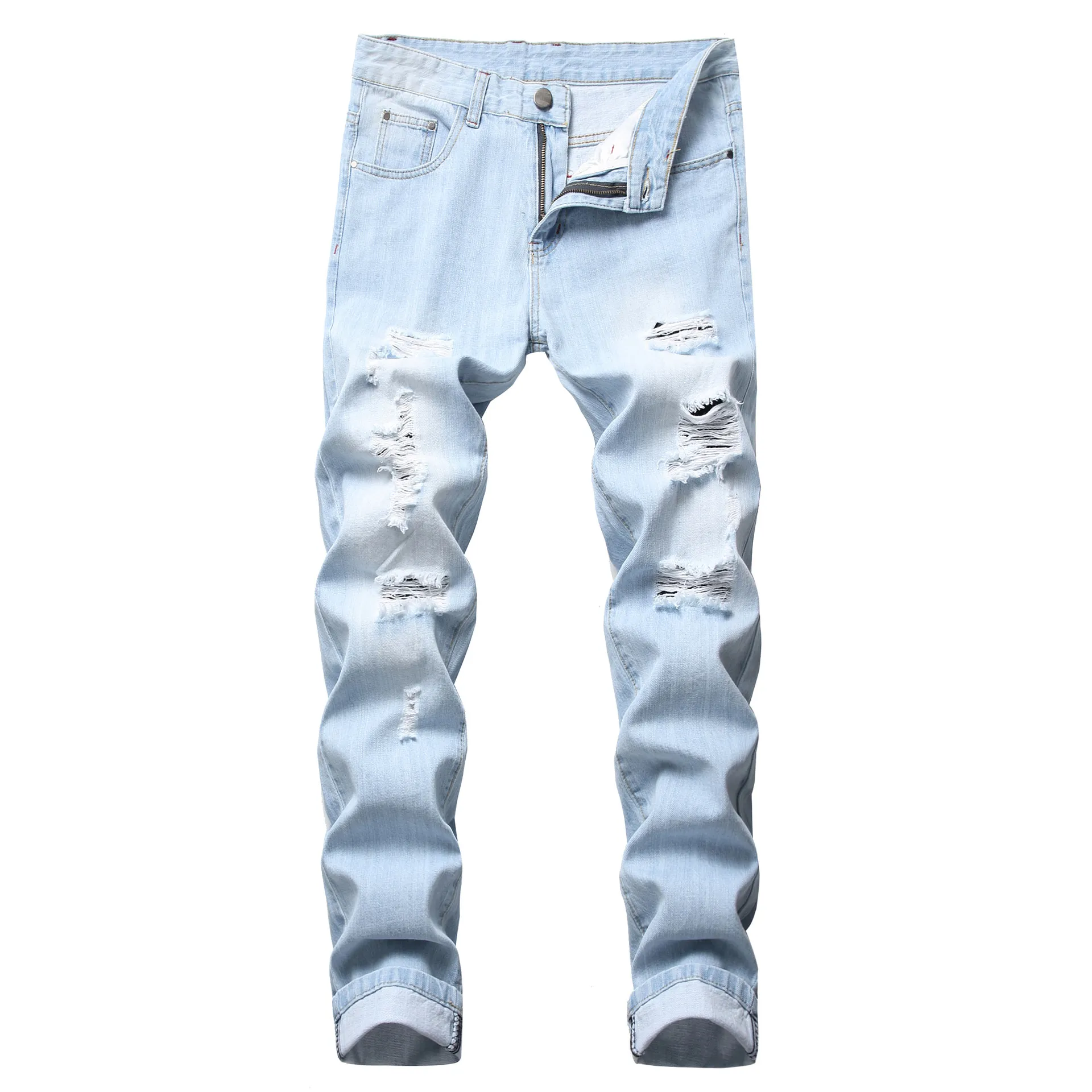 Men's Jeans Mens Light Color Slim Fit Hole High Street Blue Non-elastic Casual Fashion Urban Stretwear