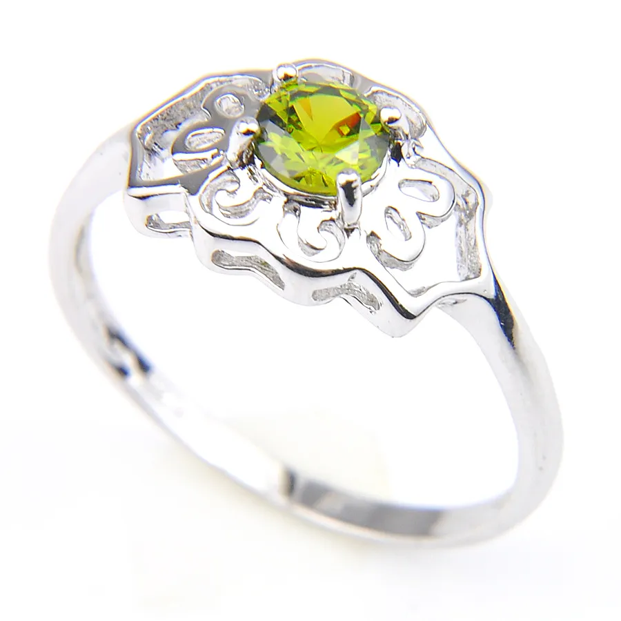 10 Pieces 1 lot Women Fire Peridot Gems Rings 925 Sterling Silver Plated Flower Shape Hollow out Rings Christmas Holiday Gift