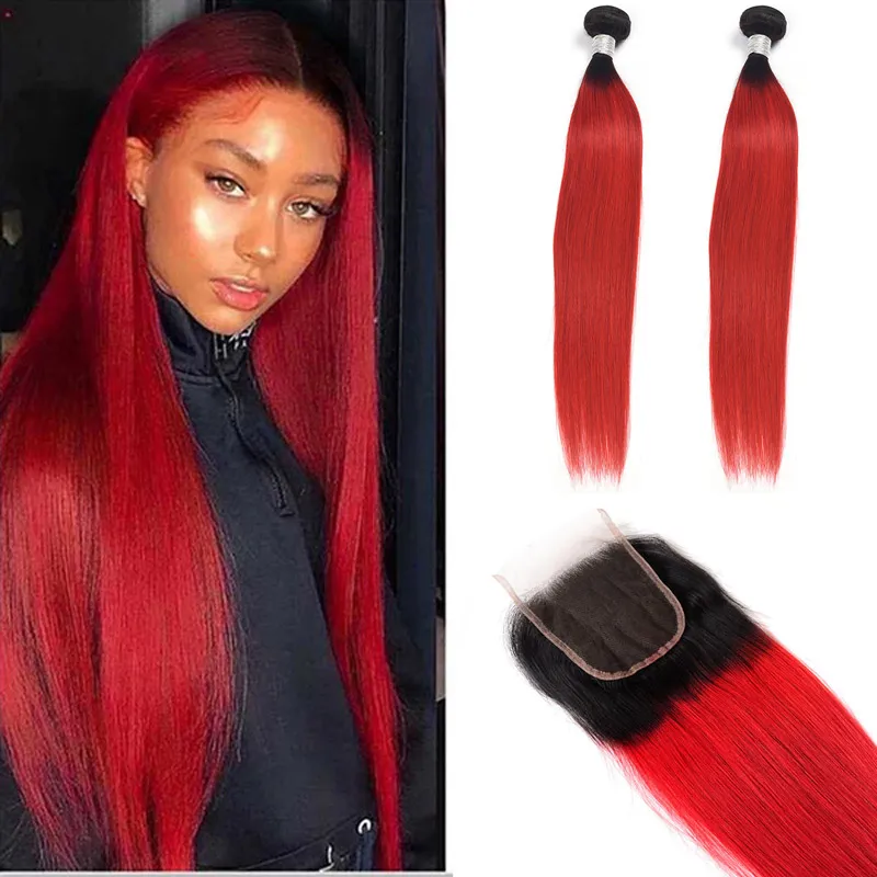 Malaysiska Virgin Human Hair 2 Bundles 1b / Röd med 4x4 Spets Avslutning med Baby Hair Straight Hair Products 3 st 1b Red