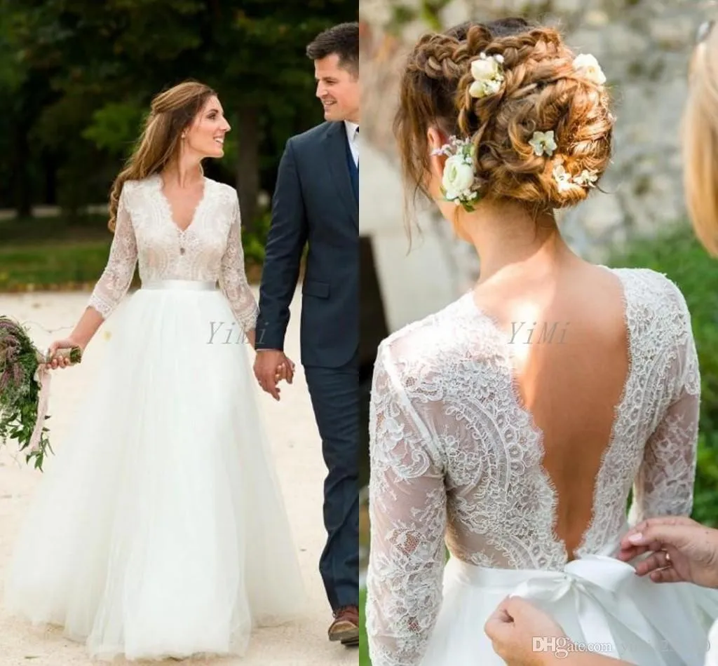 Incredibili abiti da sposa sexy più nuovi scollo a V 3/4 manica lunga lunghezza del pavimento applicazioni di pizzo giardino spiaggia abiti da sposa vestido de noiva