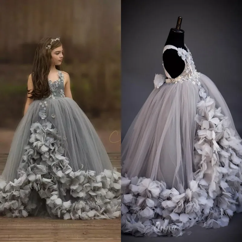 Luxe kleine meisjes pageant jurken met mooie 3D bloemen appliques en kralen spaghetti riem baljurk vloer lengte kinderen prom feestjurken